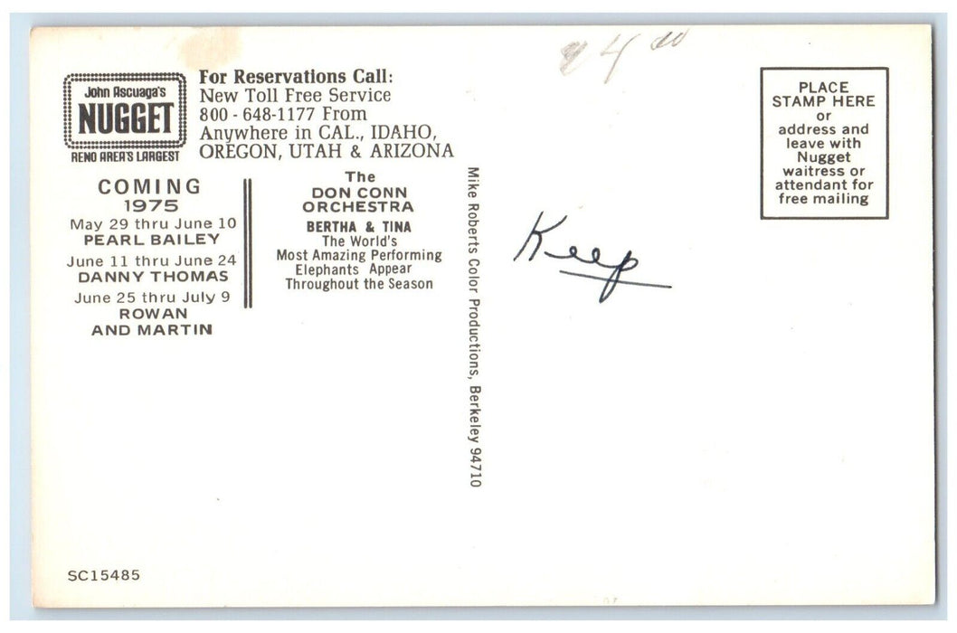 1960 John Ascuaga Nugget Carrol Channing Theatre Restaurant Advertising Postcard