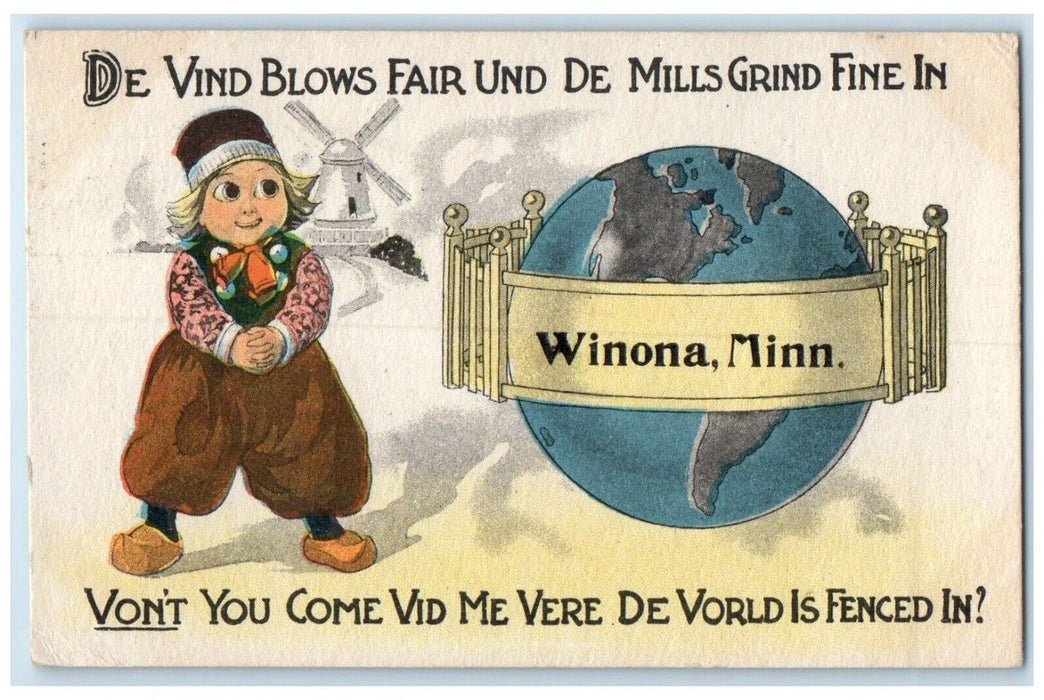 1913 De Vind Blows Fair Und De Mills Grind Fine In Winona Minnesota MN Postcard