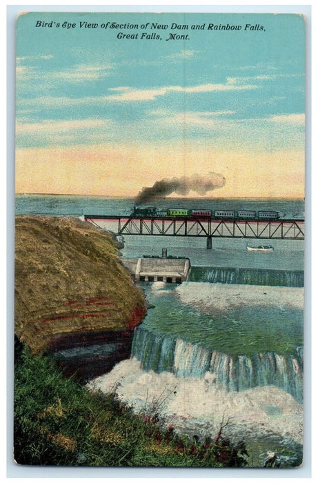 c1910 Birds Eye View Section New Dam Rainbow Falls Great Falls Montana Postcard