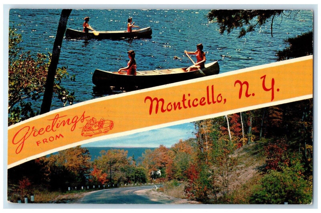 1968 Greetings From Monticello New York NY Dual View Canoeing Road Postcard