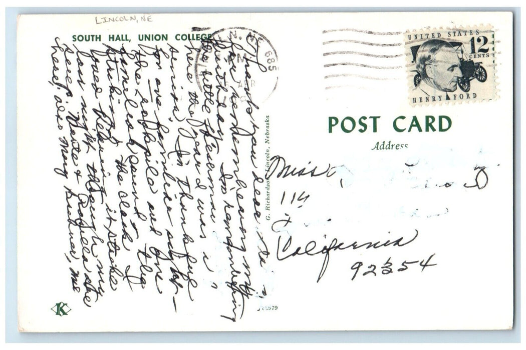 1981 South Hall Union College Building Lincoln Nebraska NE Vintage Postcard