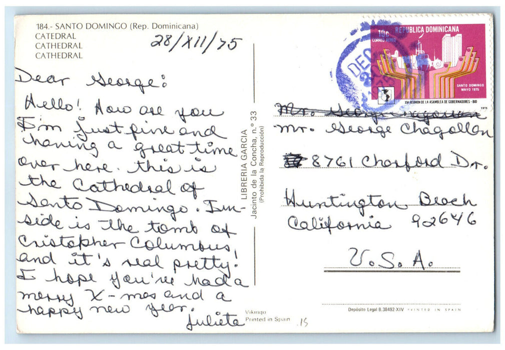1975 Country Logo Cathedral Santo Domingo Dominican Republic Postcard