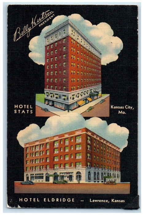 1940 Hotel Stats Kansas City MO Hotel Eldridge Lawrence KS Vintage Postcard