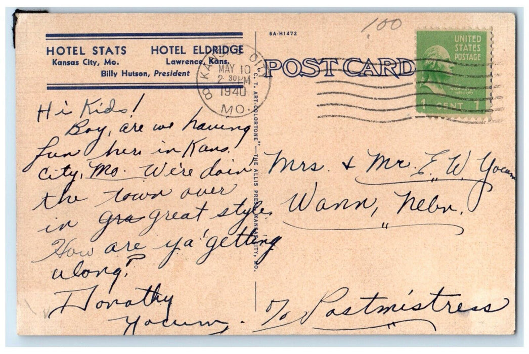 1940 Hotel Stats Kansas City MO Hotel Eldridge Lawrence KS Vintage Postcard