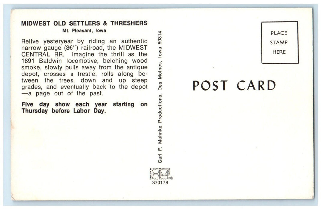 Midwest Old Settlers & Threshers Mt. Pleasant Iowa IA, Railroad Train Postcard