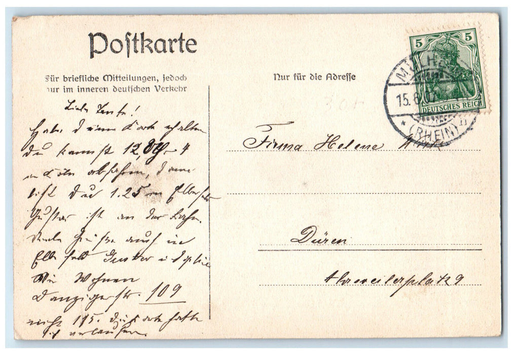 1907 Danzierstrasse Mulheim Rhein Cologne Germany Posted Antique Postcard