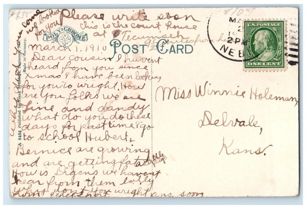 1910 Aerial View Court House Building Tecumseh Nebraska NE Poly Chrome Postcard