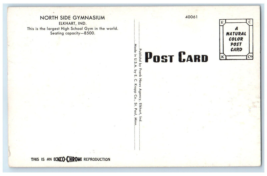 c1950's North Side Gymnasium Building Roadside Elkhart Indiana IN Postcard