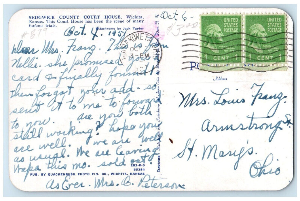 1951 Sedgwick County Court House Building Classic Cars Wichita Kansas Postcard