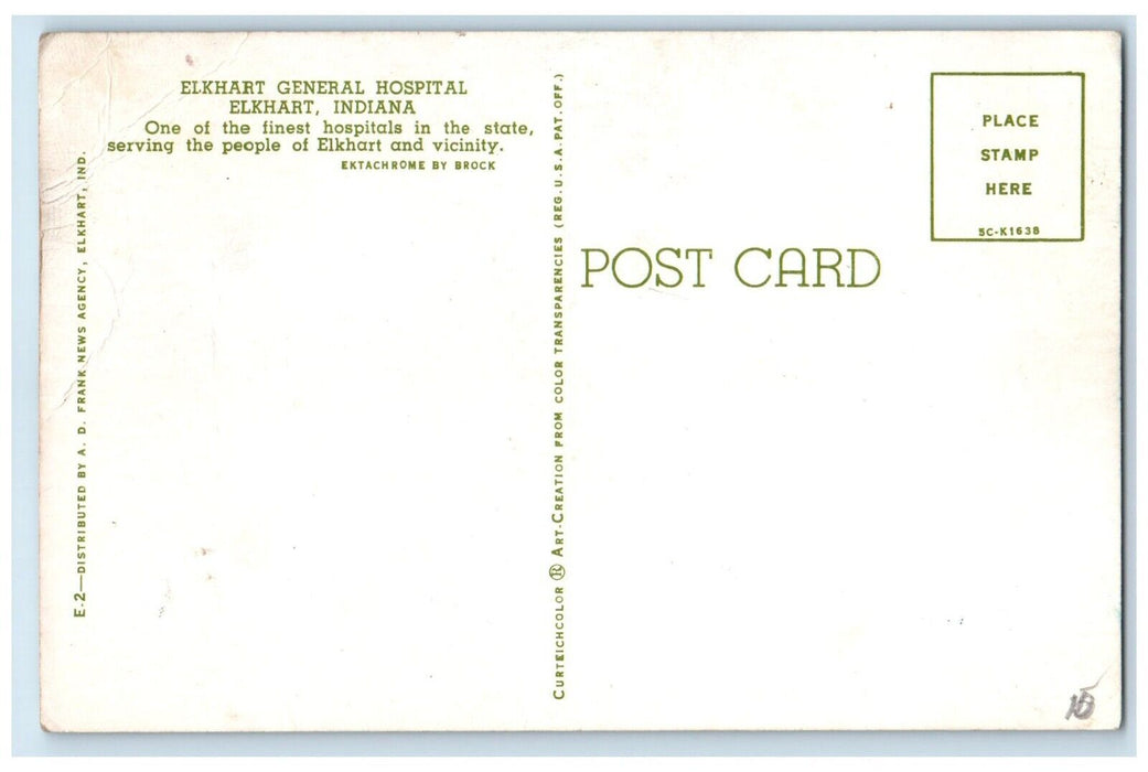 c1950's Elkhart General Hospital Building Elkhart Indiana IN Vintage Postcard