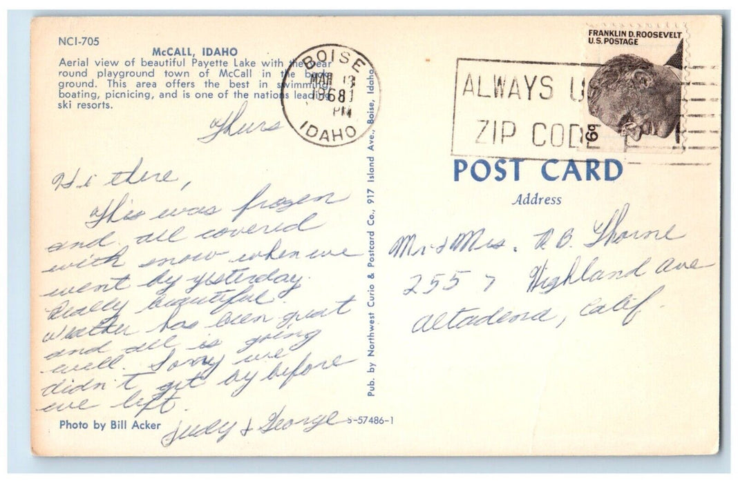 1968 Aerial View Of Payette Lake Boise Idaho ID Posted Vintage Postcard