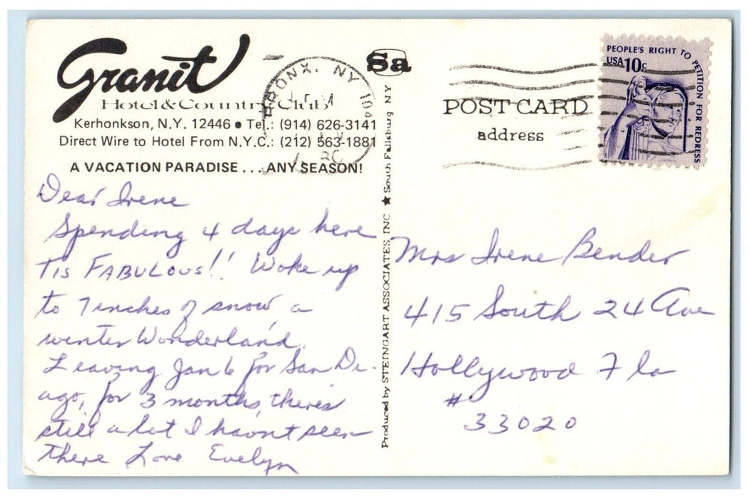 1960 Granit Hotel Country Club Hotel Exterior Lake Kerhonkson New York Postcard