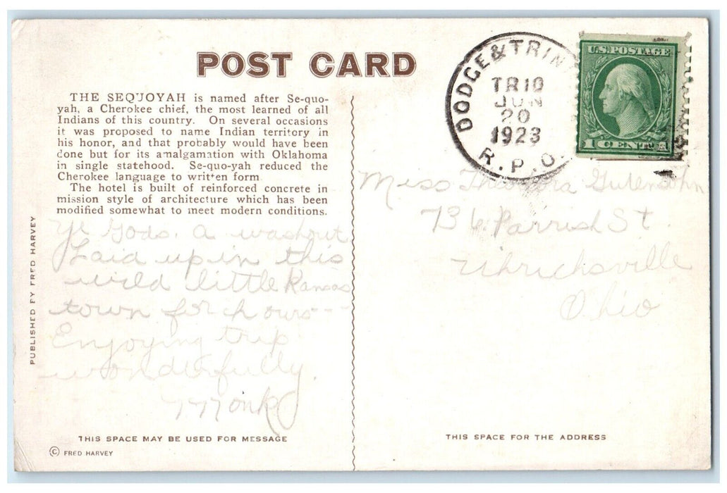 1923 The Sequoyah New Santa Fe Hotel Syracuse Kansas KS RPO Vintage Postcard