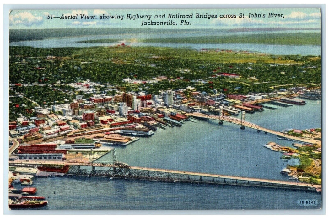 Aerial View Highway Railroad Bridges St. John's River Jacksonville FL Postcard