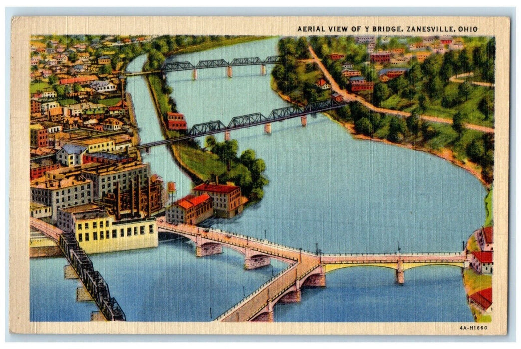 1942 Aerial View Of Y Bridge Zanesville Ohio OH Posted Vintage Postcard