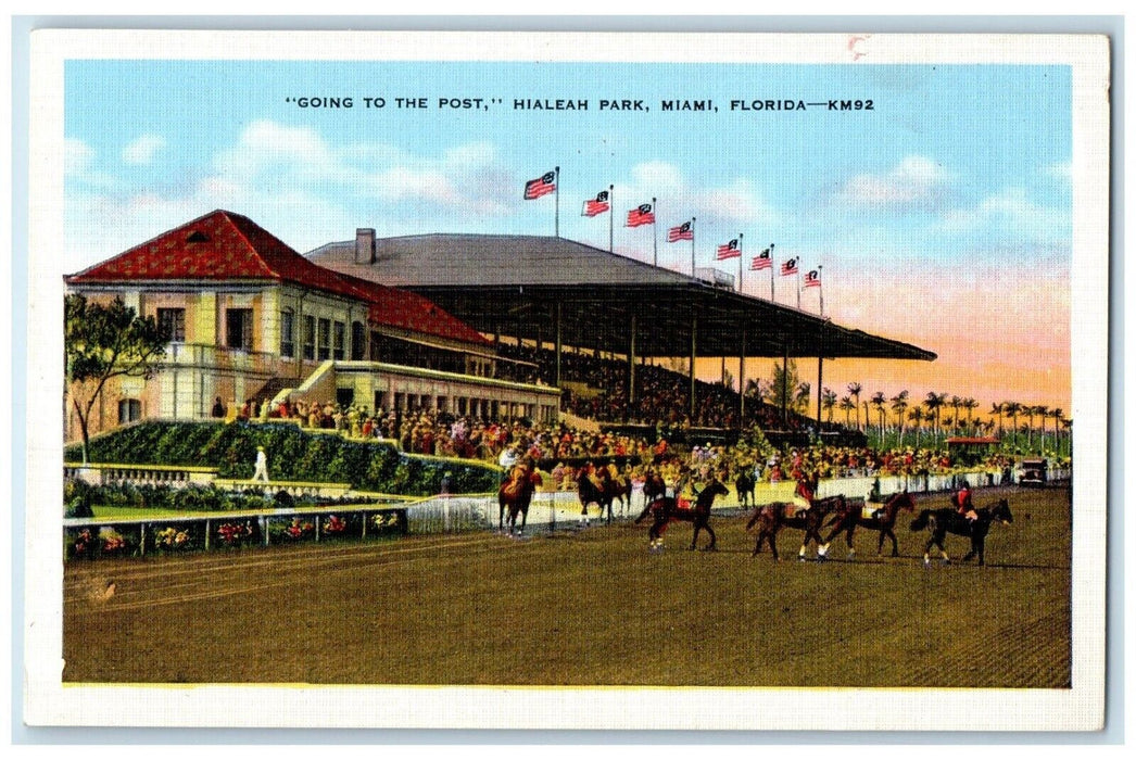 1938 Going To The Post Hialeah Park Miami Florida FL, Horse Racing Postcard