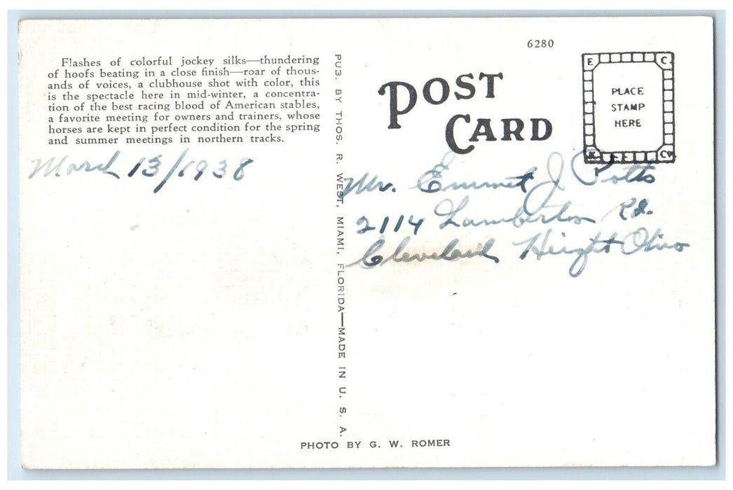 1938 Going To The Post Hialeah Park Miami Florida FL, Horse Racing Postcard
