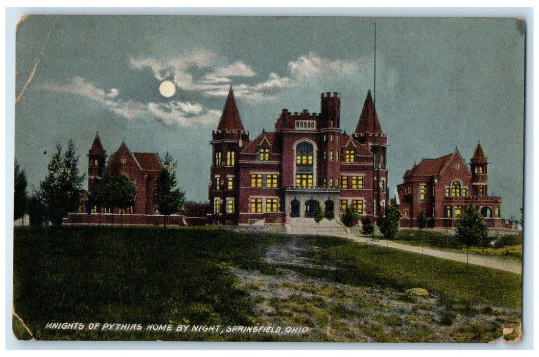 c1910's Knights Of Pythias Home By Night Springfield Ohio OH Antique Postcard