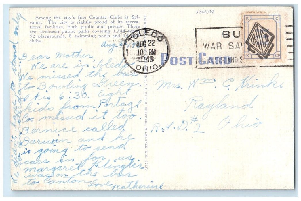 1943 View Of Sylvania Country Club House Toledo Ohio OH Posted Vintage Postcard