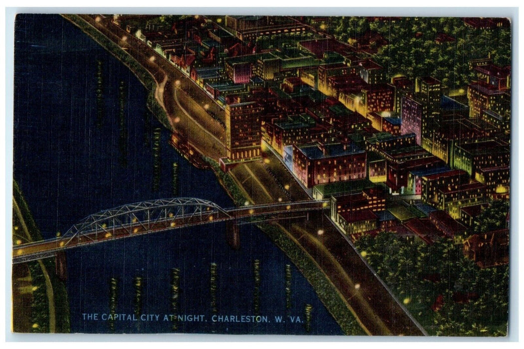 1942 The Capital Fity At Night Charleston West Virginia WV Vintage Postcard