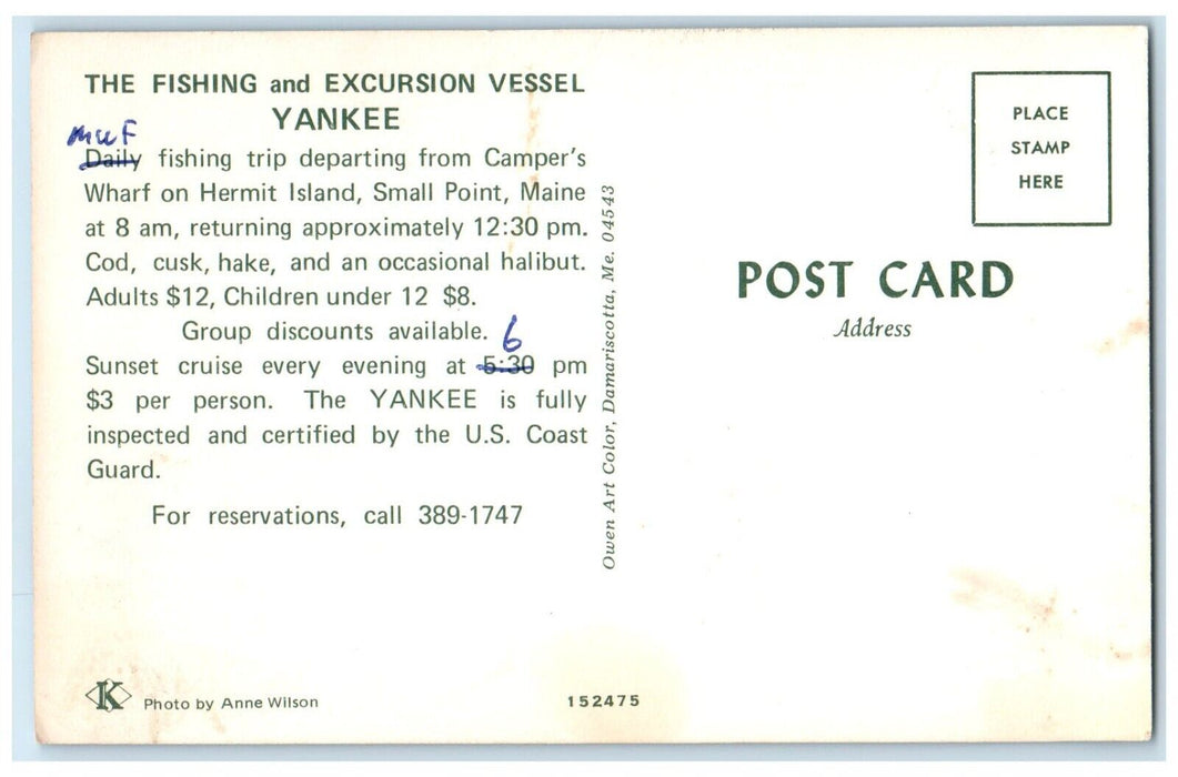 The Fishing And Excursion Vessel Yankee Boat Small Point Maine ME Postcard