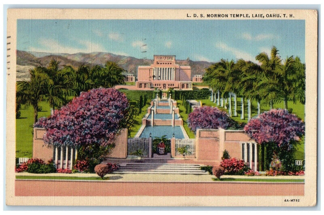 1941 LDS Mormon Temple Laie Oahu TH Honolulu Hawaii HI Soldier Mail Postcard