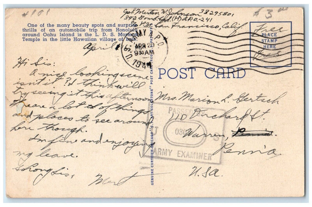 1941 LDS Mormon Temple Laie Oahu TH Honolulu Hawaii HI Soldier Mail Postcard