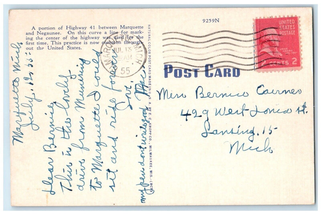 1955 Marquette Michigan MI, Highway In The Land Hiawatha Flowers Road Postcard