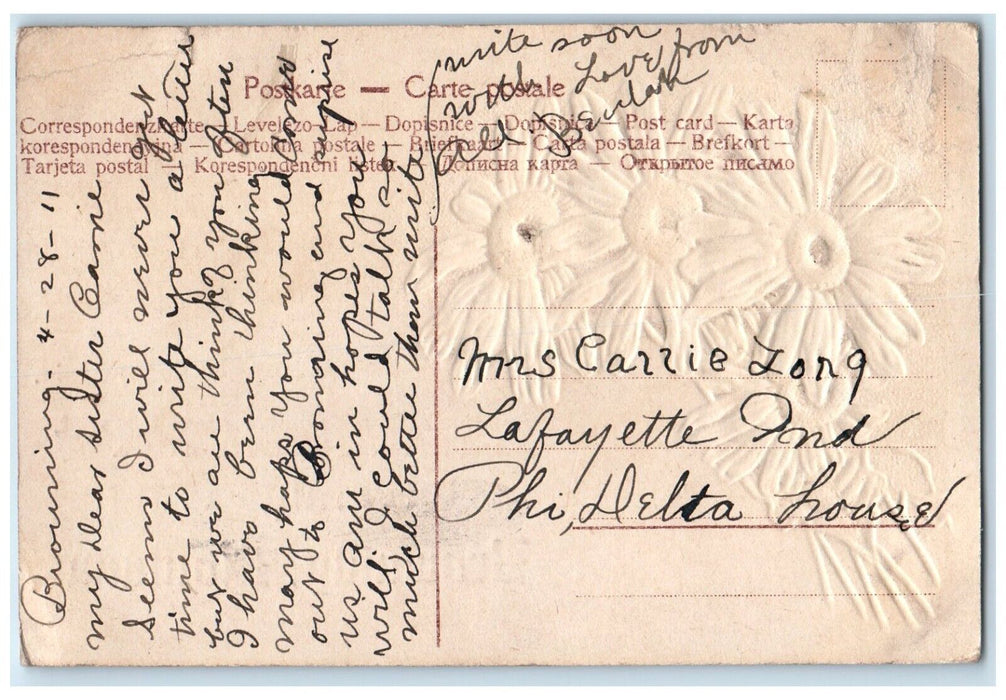 1911 Greetings From Browning Montana MT, Flowers Embossed Antique Postcard