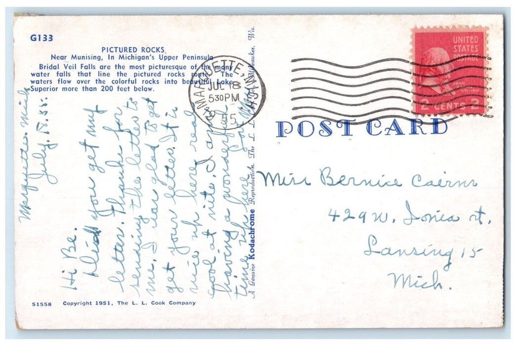 1955 View Of Pictured Rocks Near Munising Michigan MI, Boat Scene Postcard