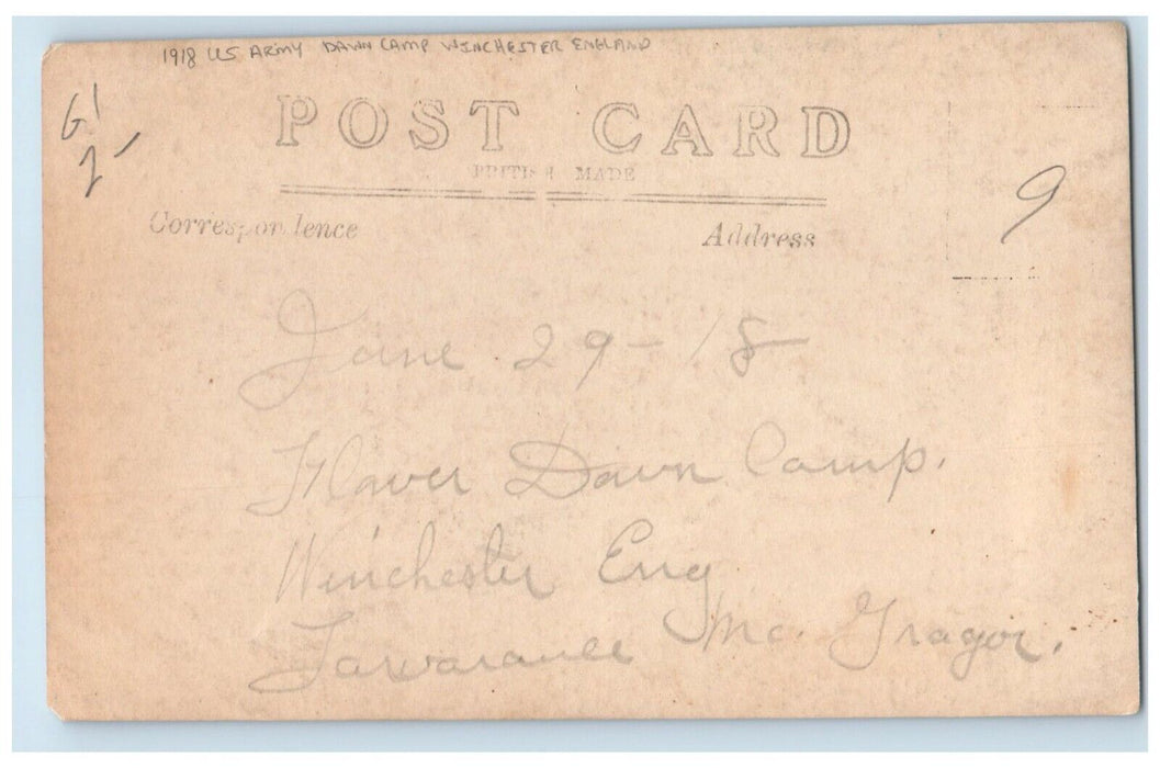 1918 US Army Dawn Camp Studio Winchester England RPPC Photo Vintage Postcard