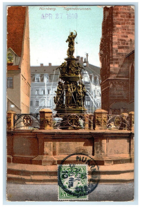 1910 Tugendbrunnen Bavaria Nuremberg Germany Antique Posted Postcard