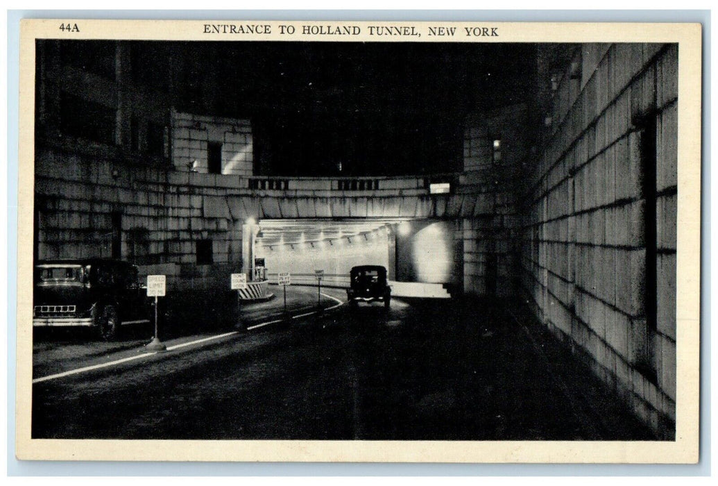c1940 Night Scene Entrance Holland Tunnel Classic Cars Road New York NY Postcard