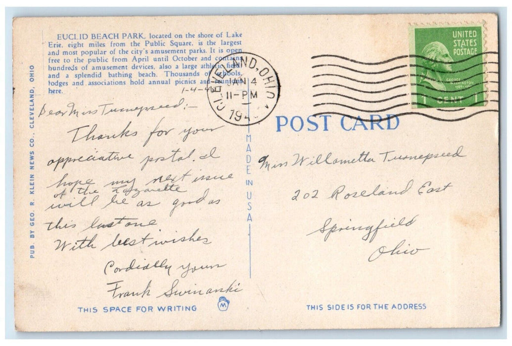 1945 Cascade Pool Bathing Beach Euclid Beach Park Shores Cleveland Ohio Postcard
