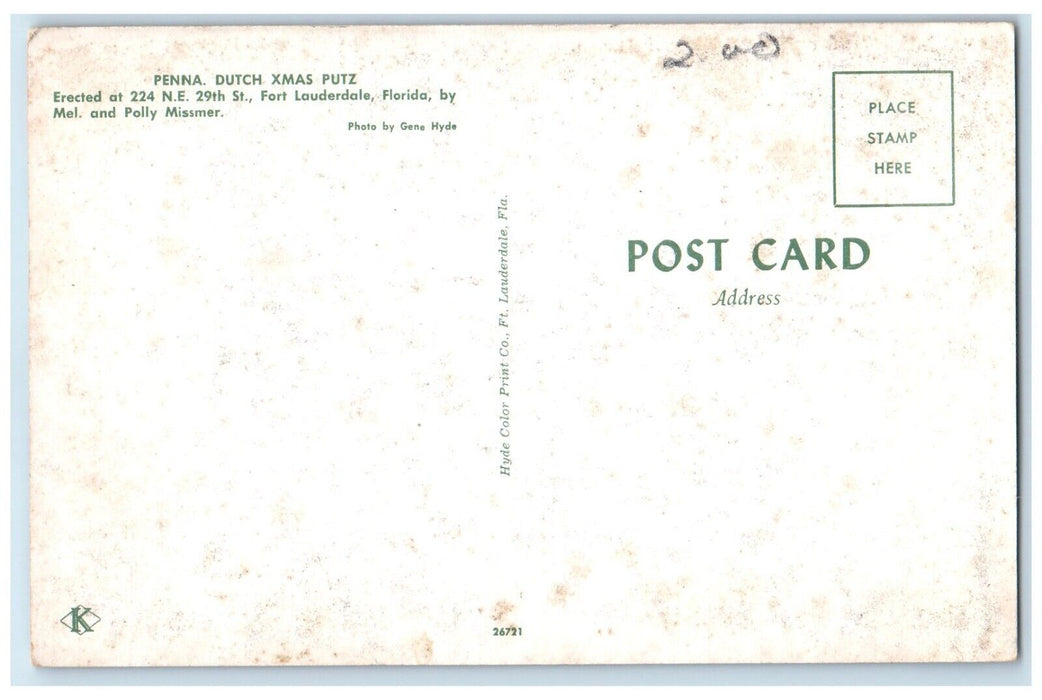 c1960 Penna Dutch Xmas Putz St. Polly Missmer Fort Lauderdale Florida Postcard