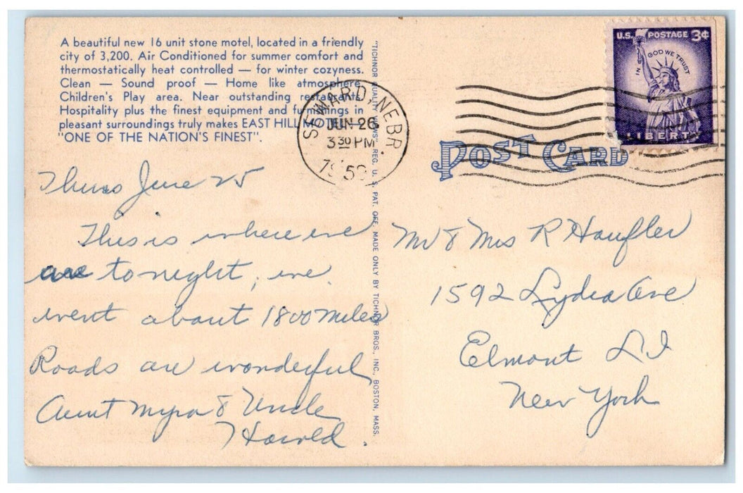 1959 East Hill Motel Roadside Seward Nebraska NE Posted Vintage Postcard