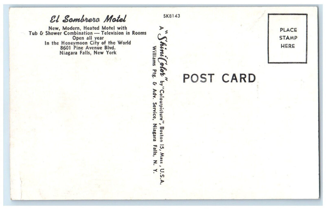 c1960's El Sombrero Motel Roadside Niagara Falls New York NY, Room View Postcard