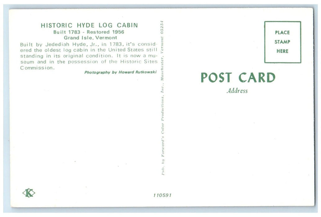 c1960 Historic Hyde Log Cabin Restored Interior Grand Isle Vermont VT Postcard