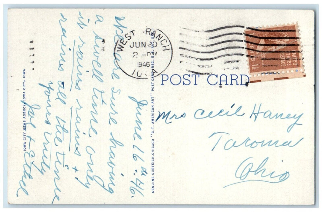 1946 Front View Entrance Currier Hall Building Iowa City Iowa IA Posted Postcard