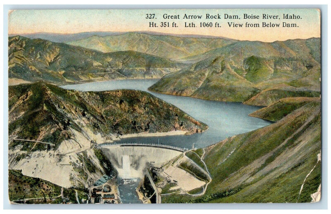 c1910 Great Arrow Rock Dam View Below Dam Boise River Idaho ID Vintage Postcard