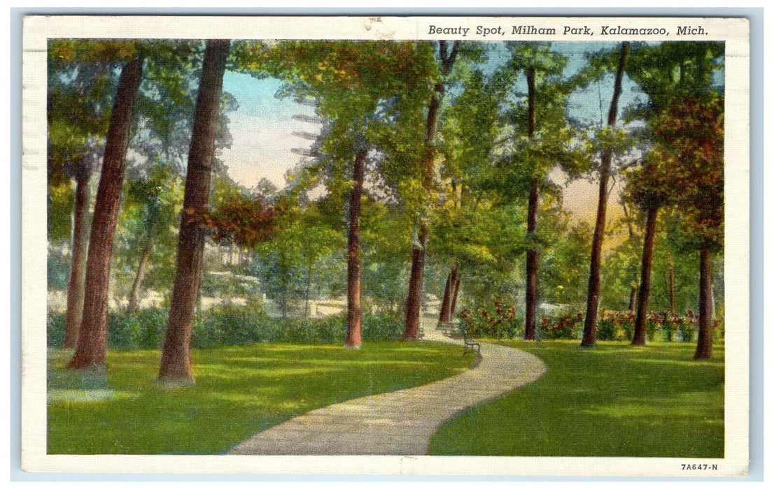 1942 Beauty Spot Milham Park Exterior Road Trees Kalamazoo Michigan MI Postcard
