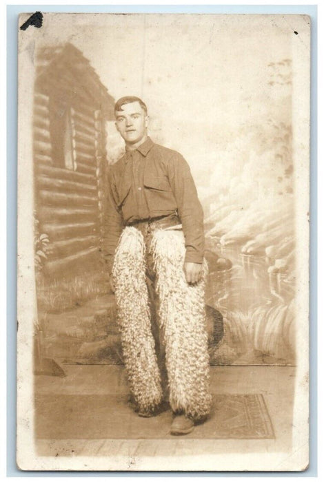 c1910's Western Cowboy Wooly Chaps Leggings Studio Portrait RPPC Photo Postcard