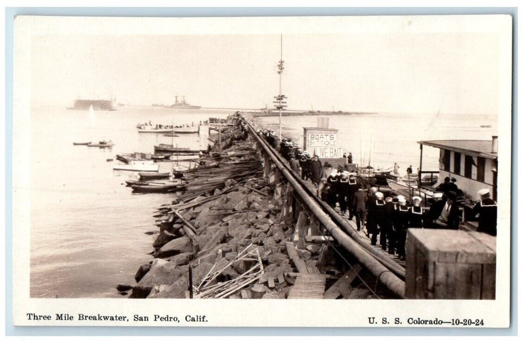1924 US Navy USS Colorado Three Mile Breakwater San Pedro CA RPPC Photo Postcard