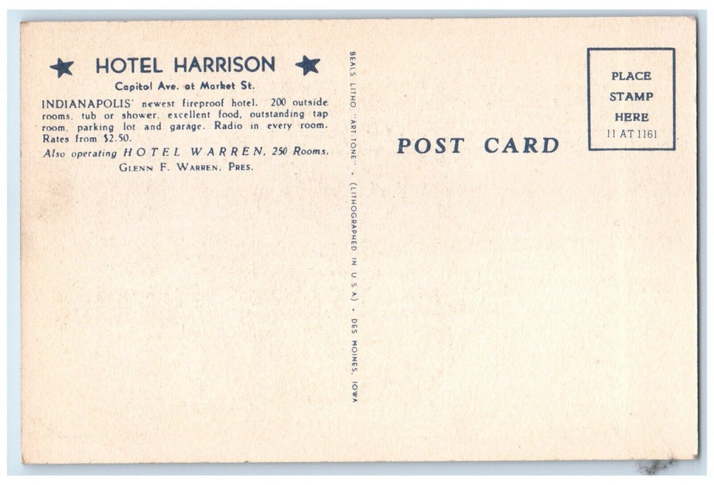 c1930's Hotel Harrison Building Street View Indianapolis Indiana IN Postcard