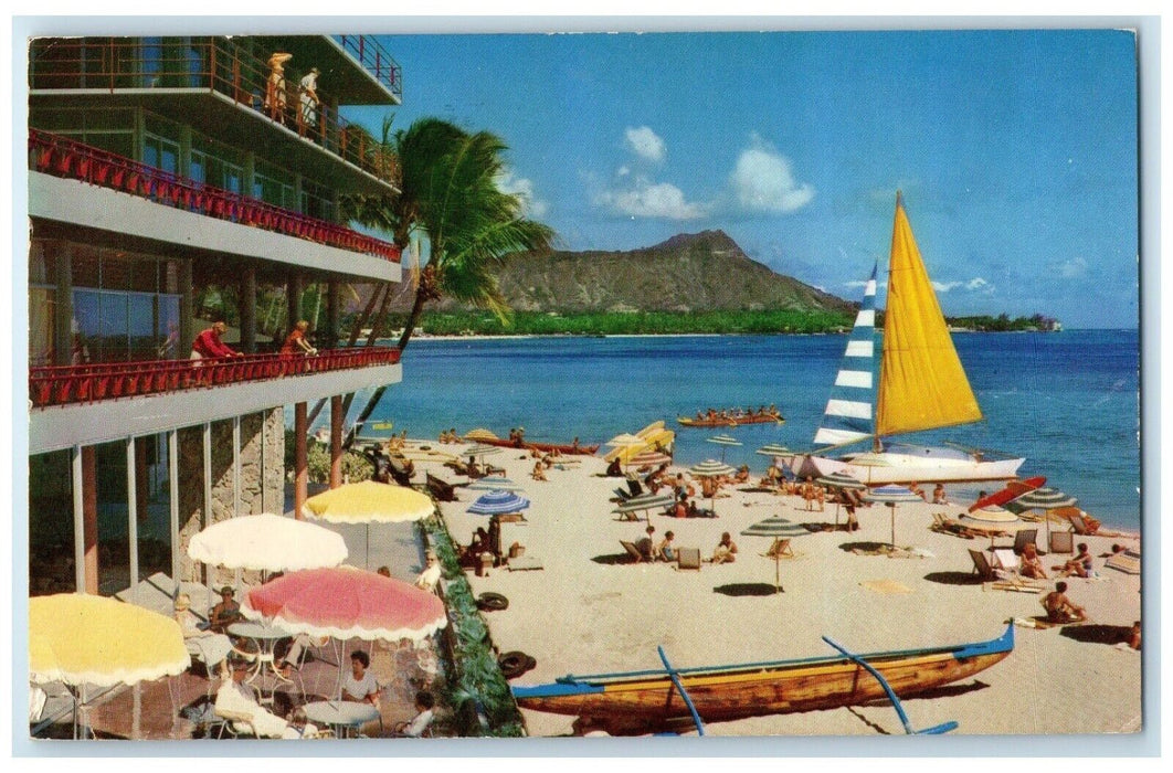 1958 The Reef Hawaii's Newes Hotel At Waikiki Honolulu HI Beach View Postcard