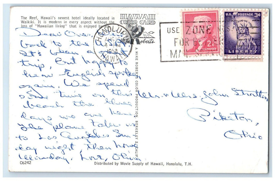 1958 The Reef Hawaii's Newes Hotel At Waikiki Honolulu HI Beach View Postcard