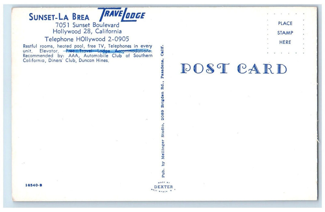 c1950's Travel Lodge Sunset La Brea Cars Hollywood California CA Postcard