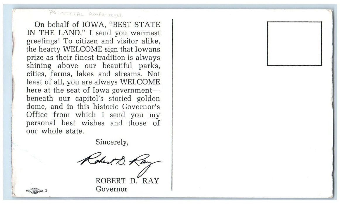 c1940 Robert Ray Governor Iowa Capitol Office IA Political Advertising Postcard