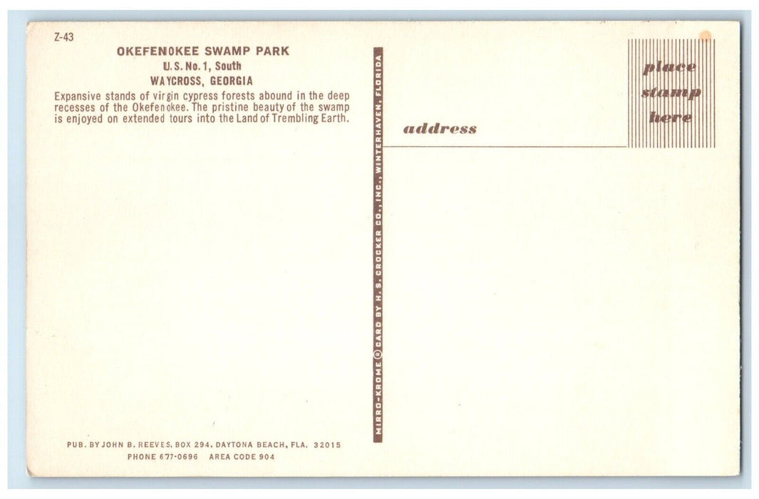 c1960 Okefenokee Swamp Park Virgin Cypress Forest Waycross Georgia GA Postcard