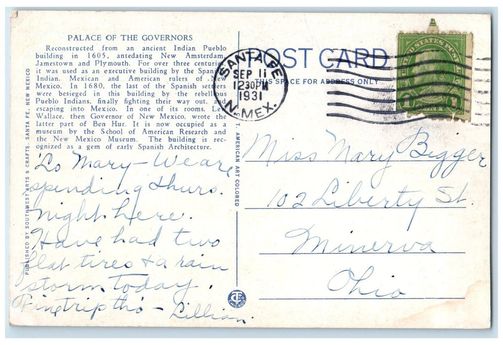 1931 Palace Governors Erected Exterior Building Santa Fe New Mexico NM Postcard